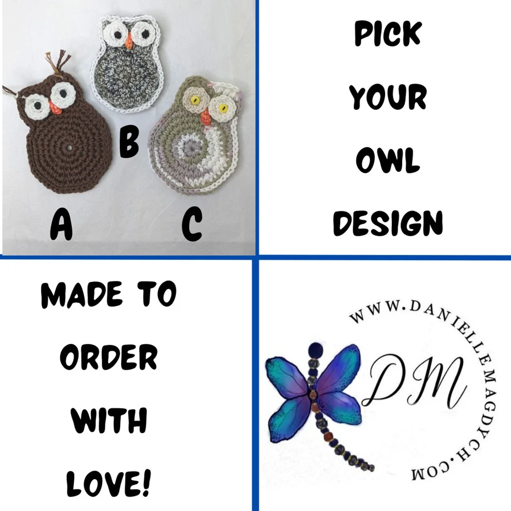 Crochet Owl Coasters Set of Two Hand Crafted Coffee Table Mug Rug Bird Nature